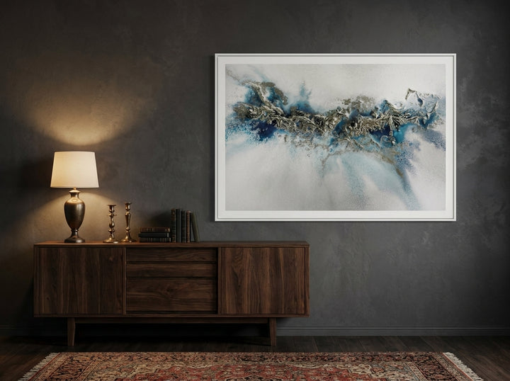 Oversized statement modern wall art print styled on the wall in a moody living room