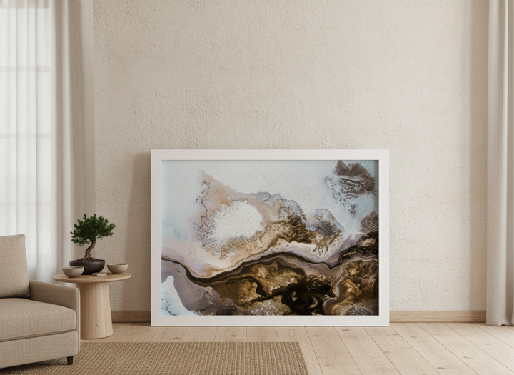 Modern wall art print leaning against the wall in a warm Japandi living room