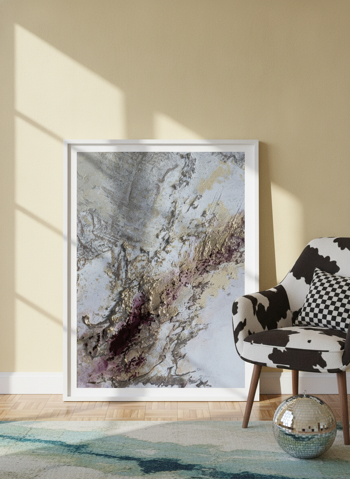 Modern wall art print leaning against the wall in a colourful eclectic living room