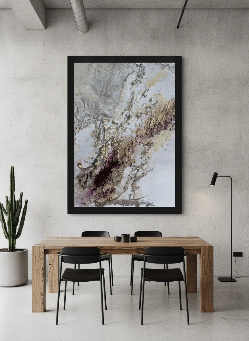 Oversized statement modern wall art print styled on the wall in an industrial loft dining room