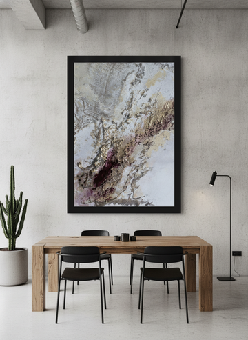 Oversized statement modern wall art print styled on the wall in an industrial loft dining room