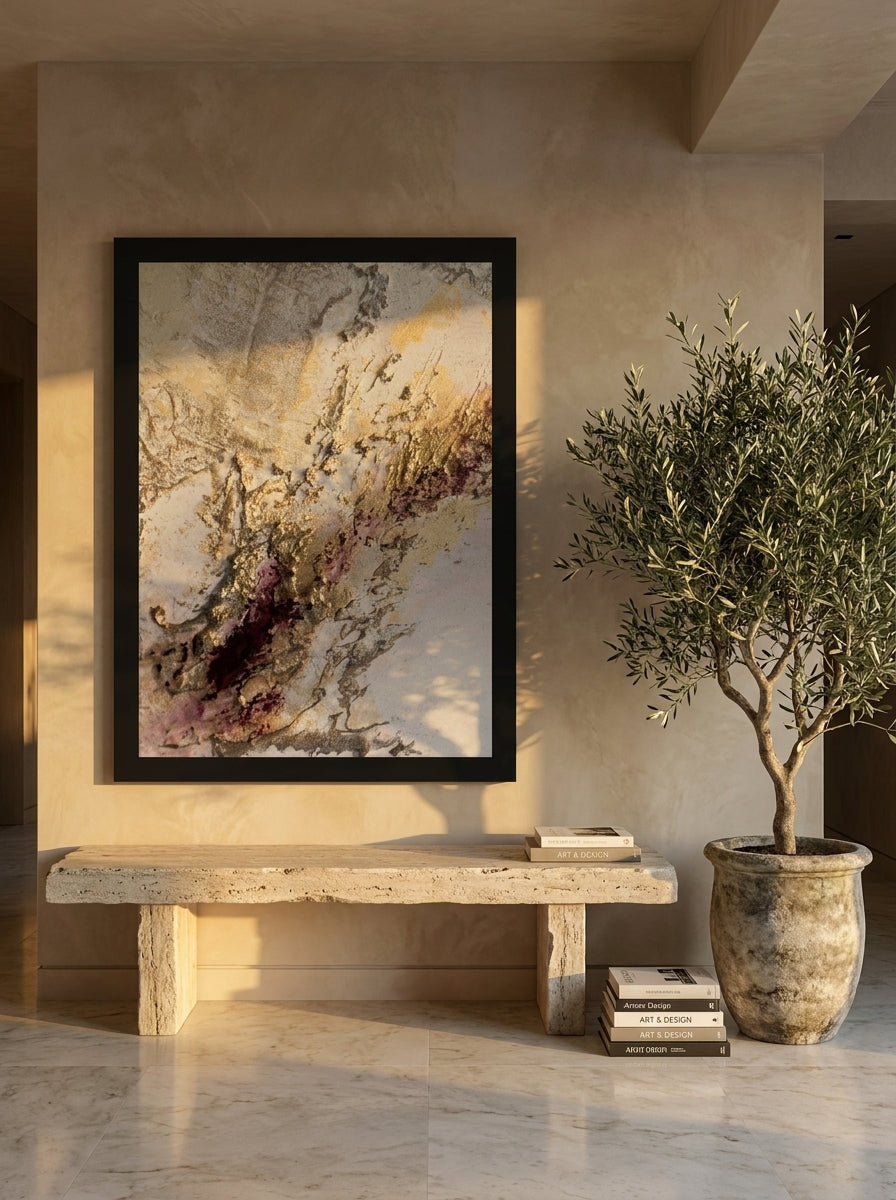 Oversized statement modern wall art print styled on the wall in a luxe living room