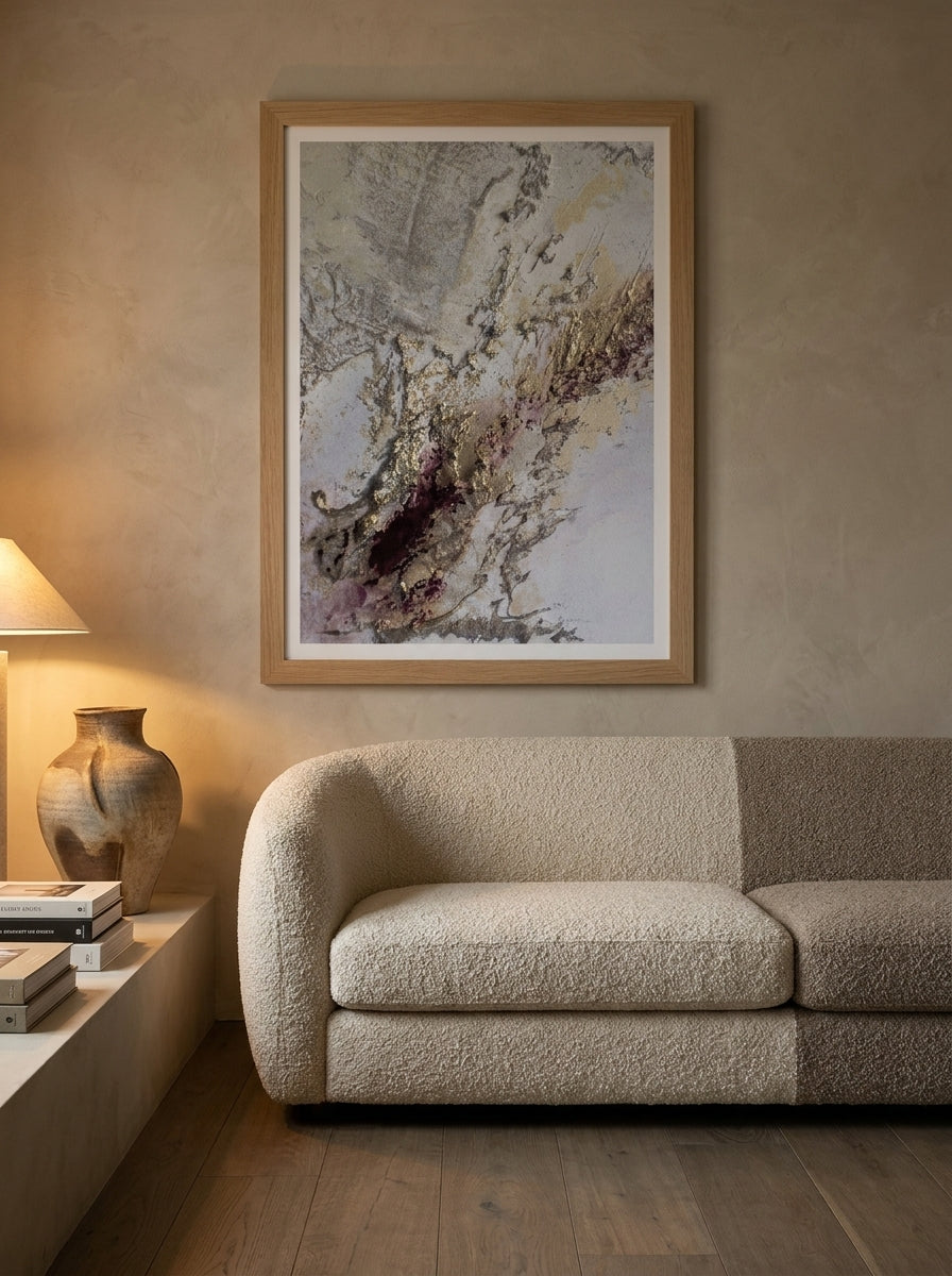 Modern wall art print styled on the wall in a luxe living room
