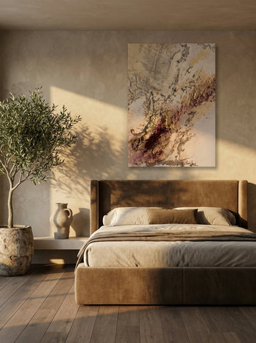 Stretched canvas wall art styled on the wall in a luxe bedroom
