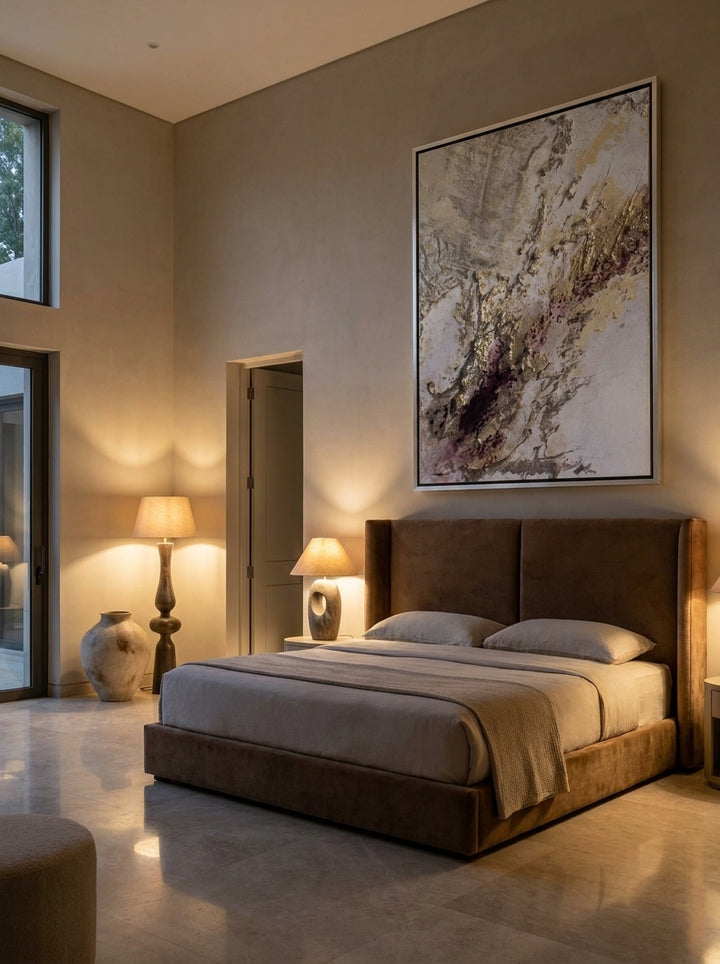 Oversized statement canvas wall art with a silver leaf surround styled on the wall in a luxe bedroom