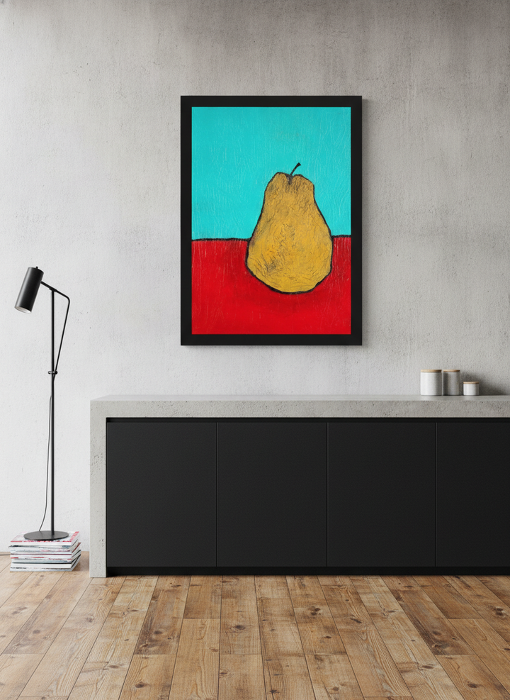 Modern wall art print styled on the wall in an industrial loft kitchen