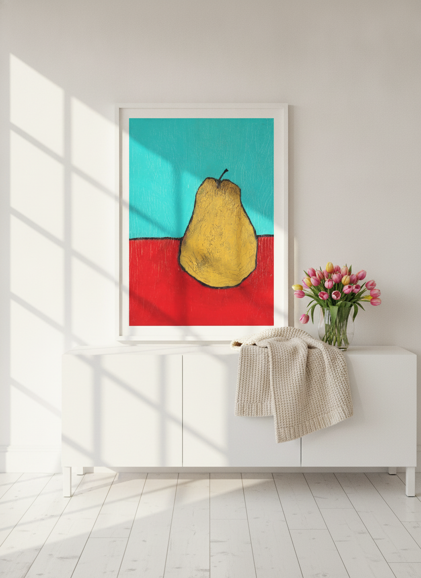 Modern wall art print standing on a sideboard in a bright Scandinavian dining room