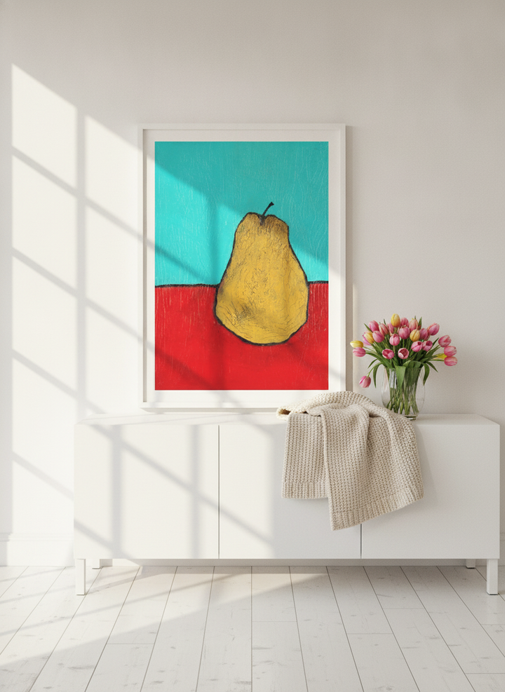 Modern wall art print standing on a sideboard in a bright Scandinavian dining room