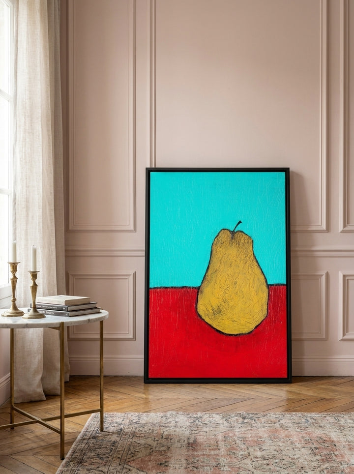 Canvas wall art with a black surround leaning against the wall in a Parisian kitchen