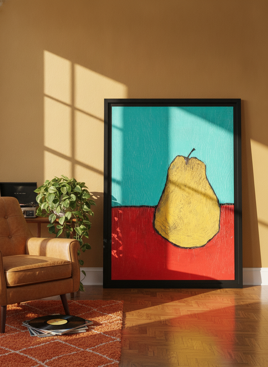 Oversized statement modern wall art print leaning against the wall in a retro 70s dining room