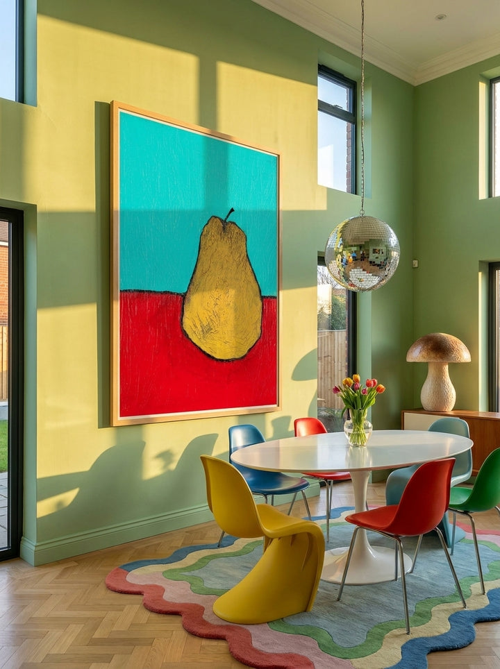 Oversized statement modern wall art print styled on the wall in a colourful eclectic dining room