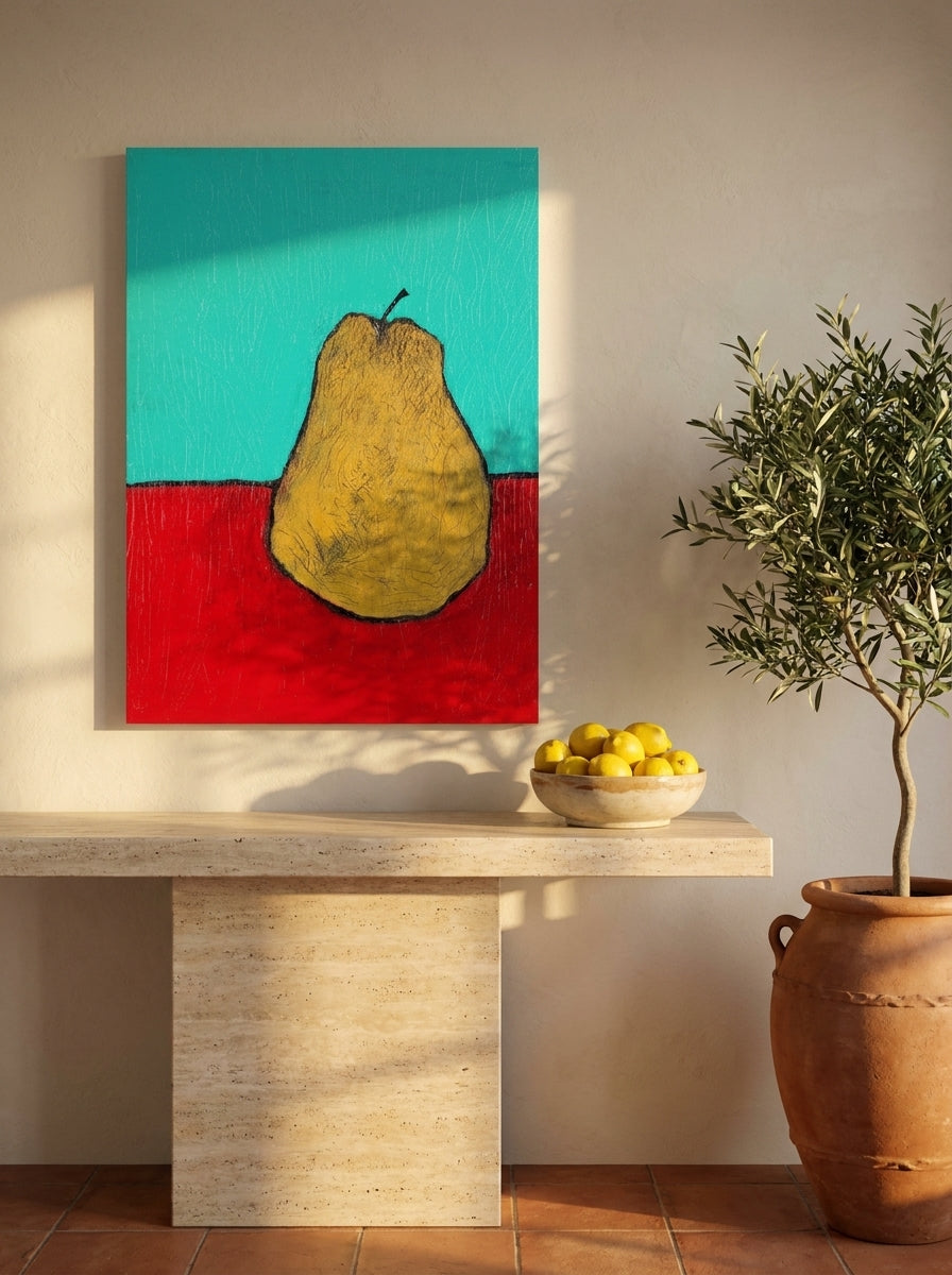 Stretched canvas wall art styled on the wall in a Mediterranean living room