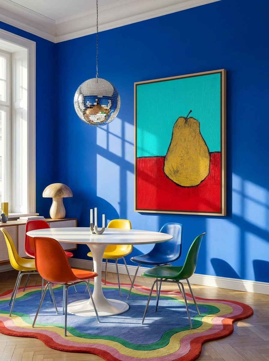 Oversized statement canvas wall art with a natural timber surround styled on the wall in a colourful eclectic dining room