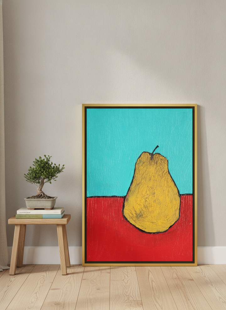 Canvas wall art with a gold leaf surround leaning against the wall in a warm Japandi living room