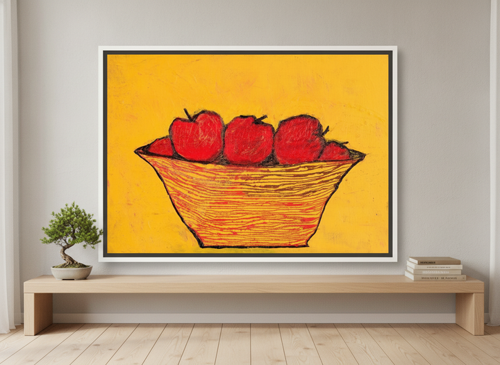 Canvas wall art with a white surround standing on a kitchen bench in a warm Japandi kitchen