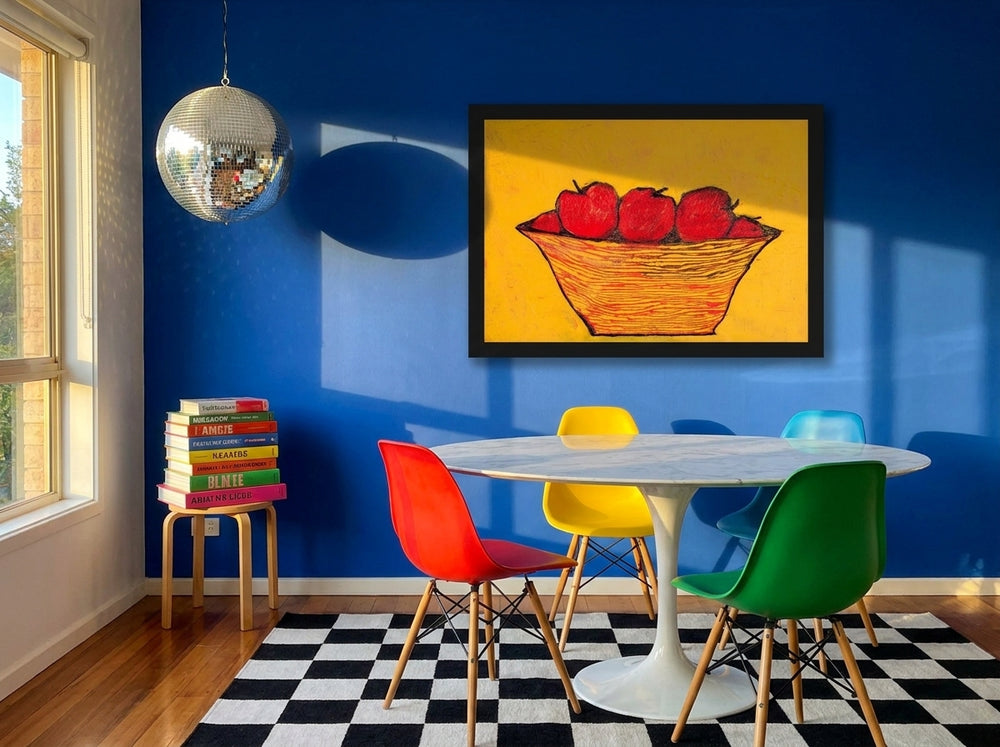 Oversized statement modern wall art print styled on the wall in a colourful eclectic dining room