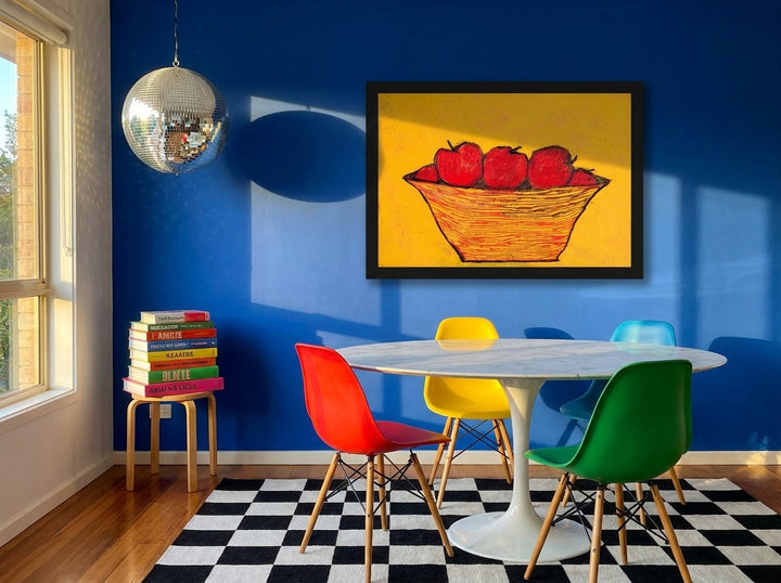 Oversized statement modern wall art print styled on the wall in a colourful eclectic dining room