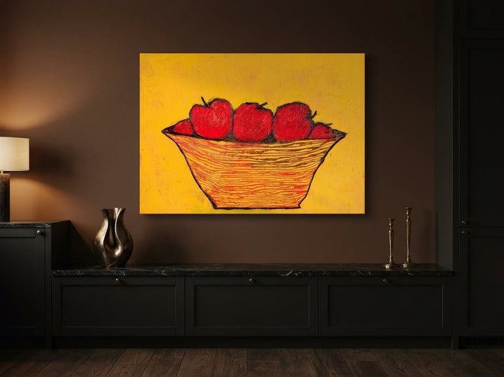 Stretched canvas wall art styled on the wall in a moody kitchen