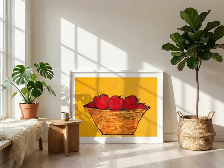 Modern wall art print leaning against the wall in a bright Scandinavian living room