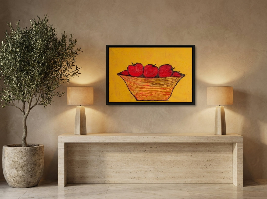 Canvas wall art with a black surround styled on the wall in a luxe living room