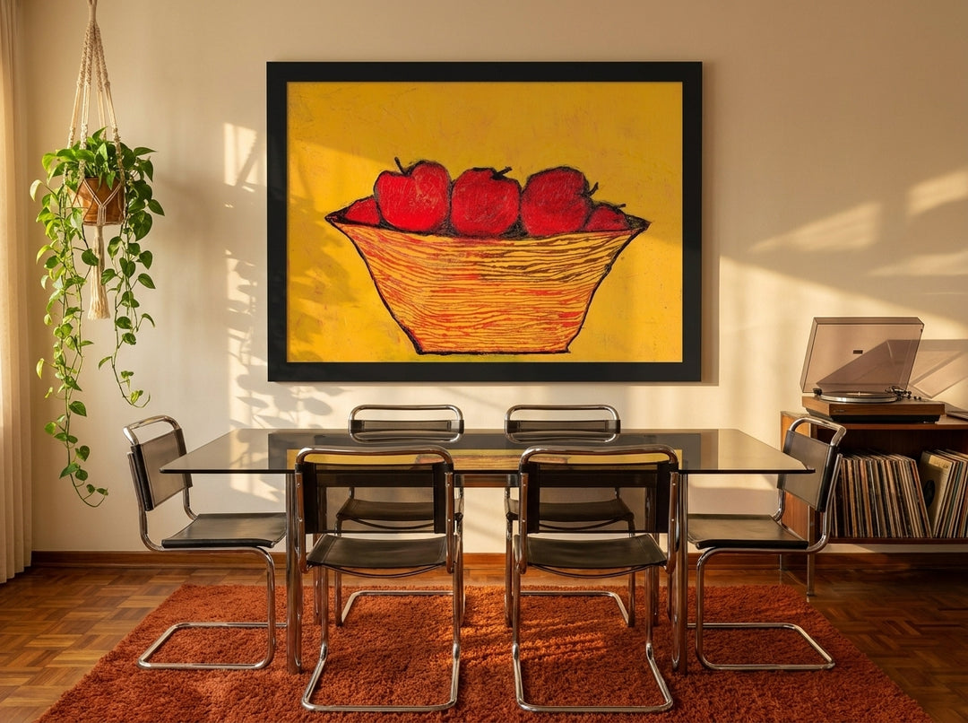 Oversized statement modern wall art print styled on the wall in a retro 70s dining room