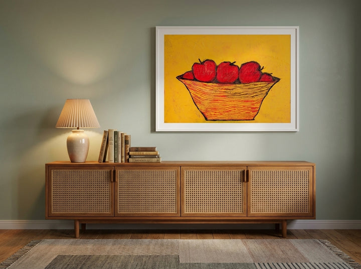 Modern wall art print styled on the wall in a mid-century living room