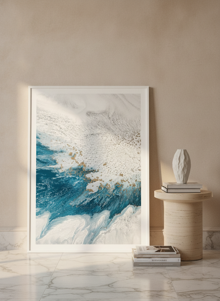 Modern wall art print leaning against the wall in a luxe bathroom