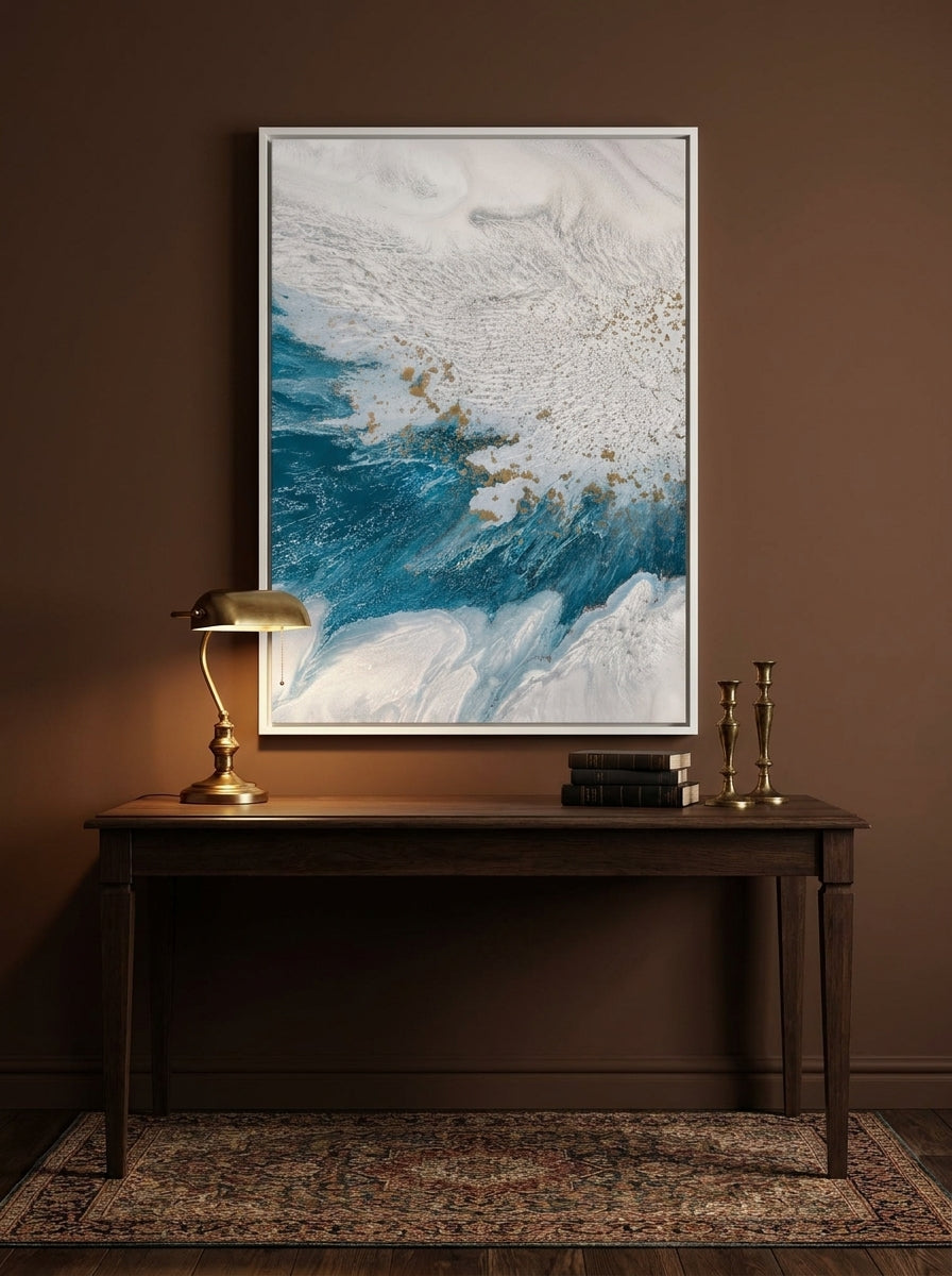 Canvas wall art with a white surround styled on the wall in a moody home office