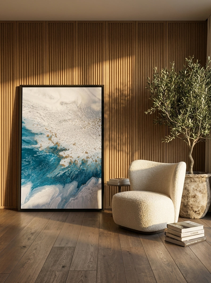 Oversized statement canvas wall art with a black surround leaning against the wall in a luxe bedroom
