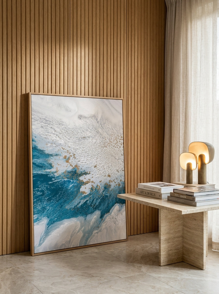 Oversized statement modern wall art print leaning against the wall in a luxe bedroom