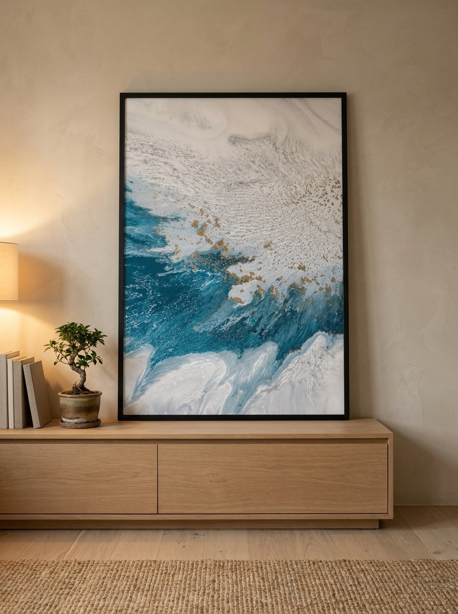 Modern wall art print standing on a sideboard in a warm Japandi home office