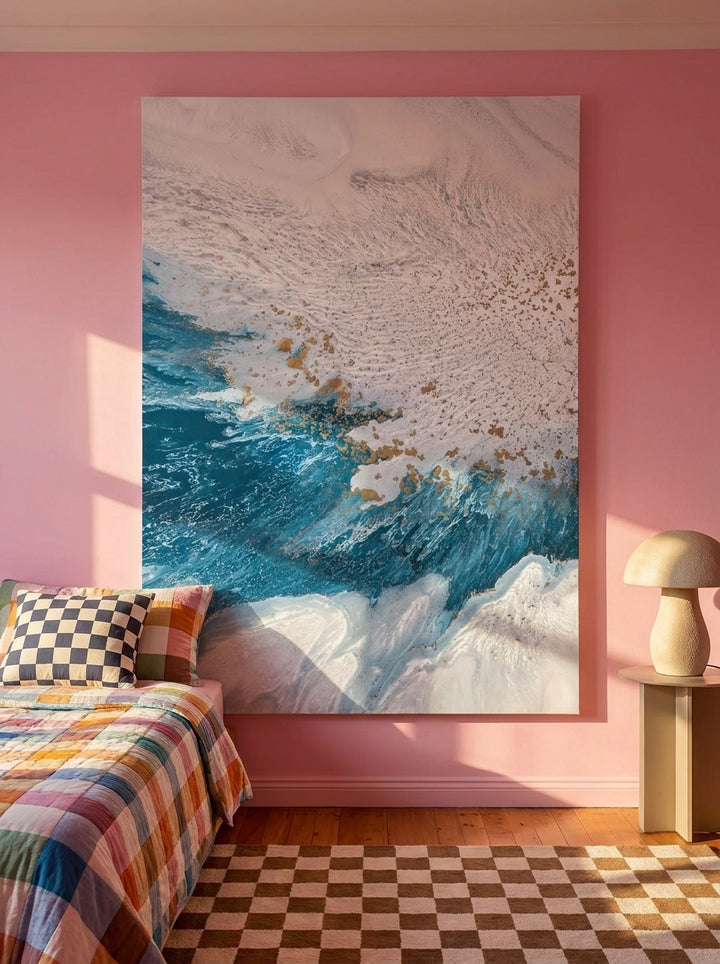 Stretched canvas wall art styled on the wall in a colourful eclectic bedroom