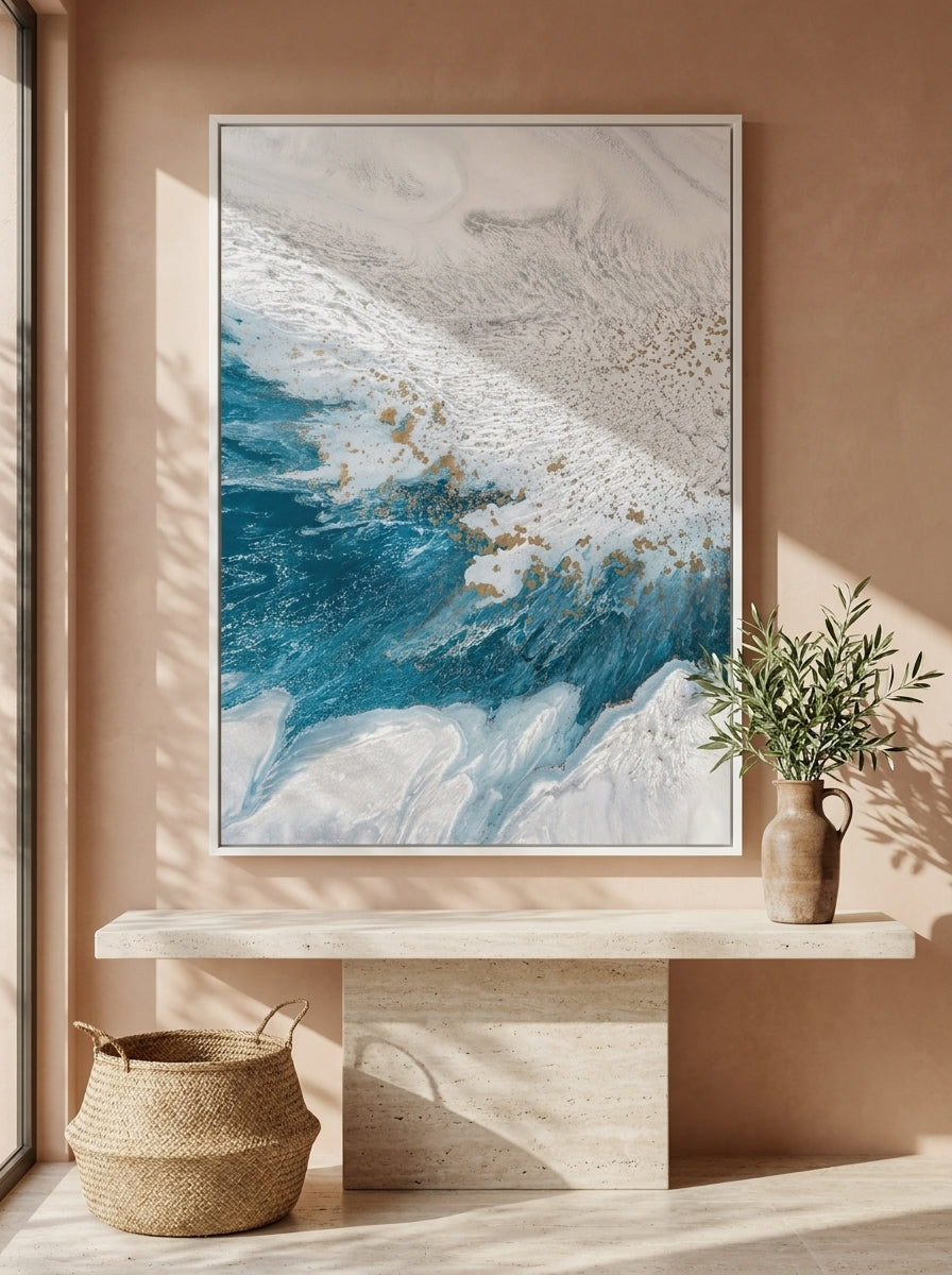 Oversized statement modern wall art print styled on the wall in a Mediterranean living room