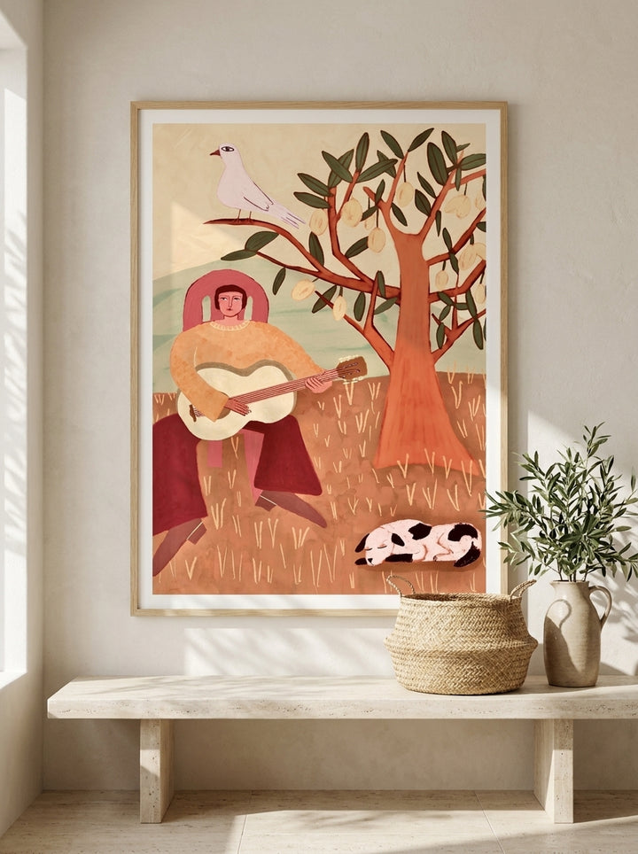Modern wall art print styled on the wall in a Mediterranean living room