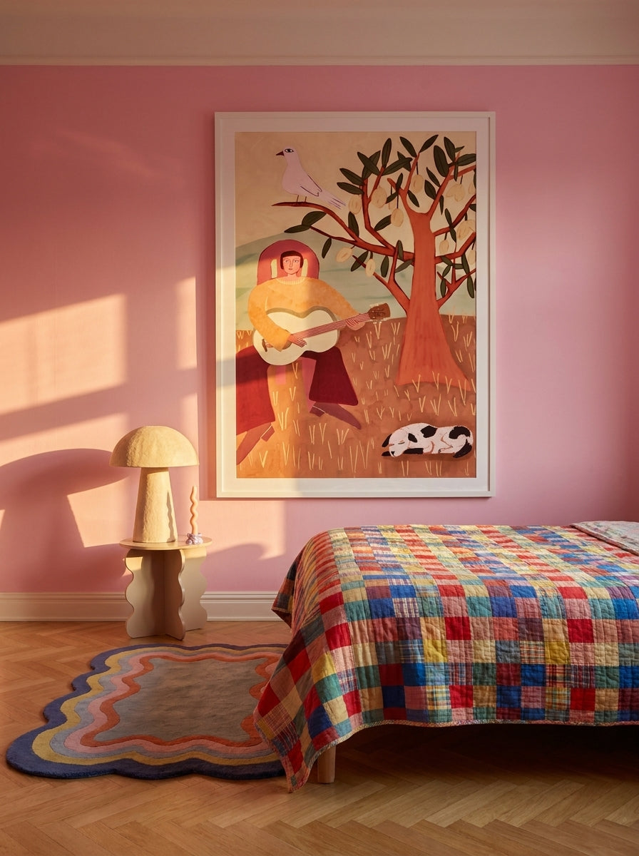 Oversized statement modern wall art print styled on the wall in a colourful eclectic bedroom