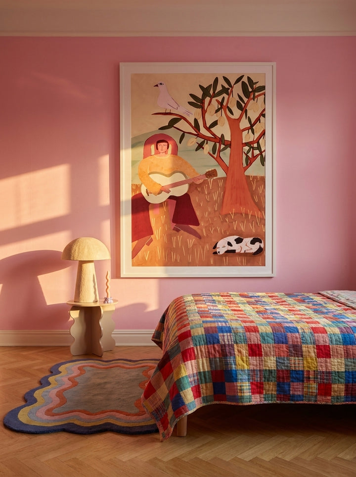 Oversized statement modern wall art print styled on the wall in a colourful eclectic bedroom