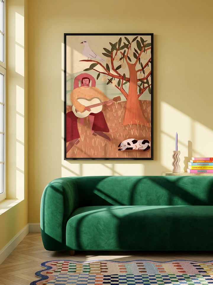 Oversized statement canvas wall art with a black surround styled on the wall in a colourful eclectic living room
