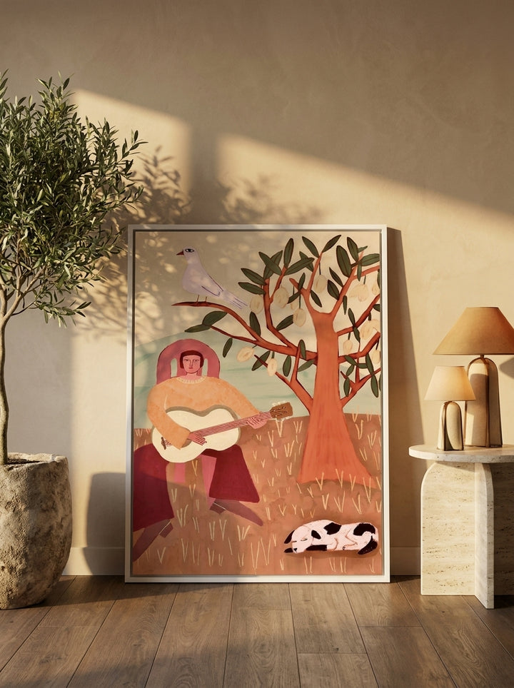 Canvas wall art with a white surround leaning against the wall in a luxe home office