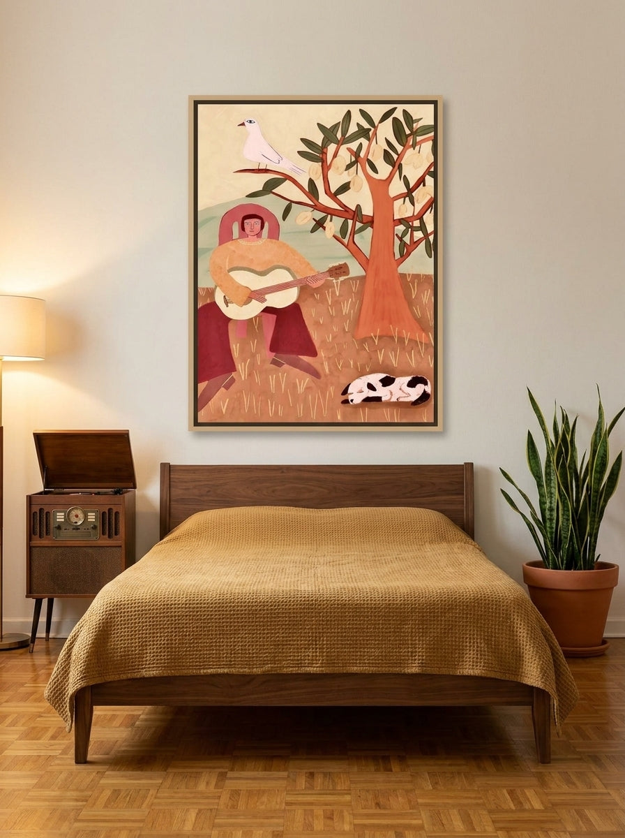 Canvas wall art with a natural timber surround styled on the wall in a mid-century bedroom