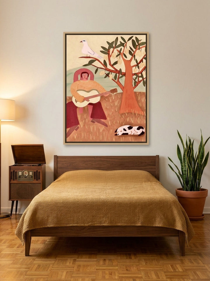 Canvas wall art with a natural timber surround styled on the wall in a mid-century bedroom