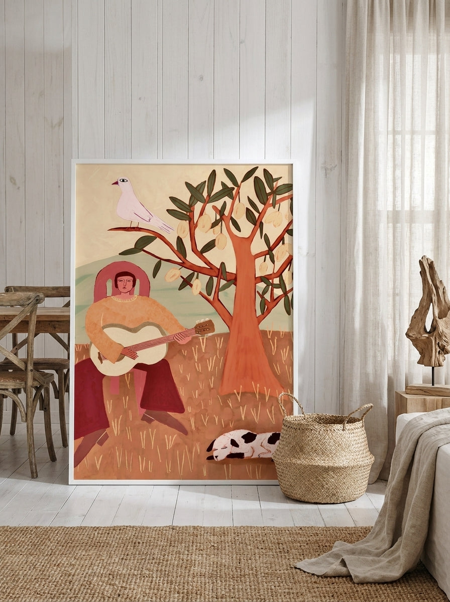 Oversized statement modern wall art print leaning against the wall in a coastal dining room