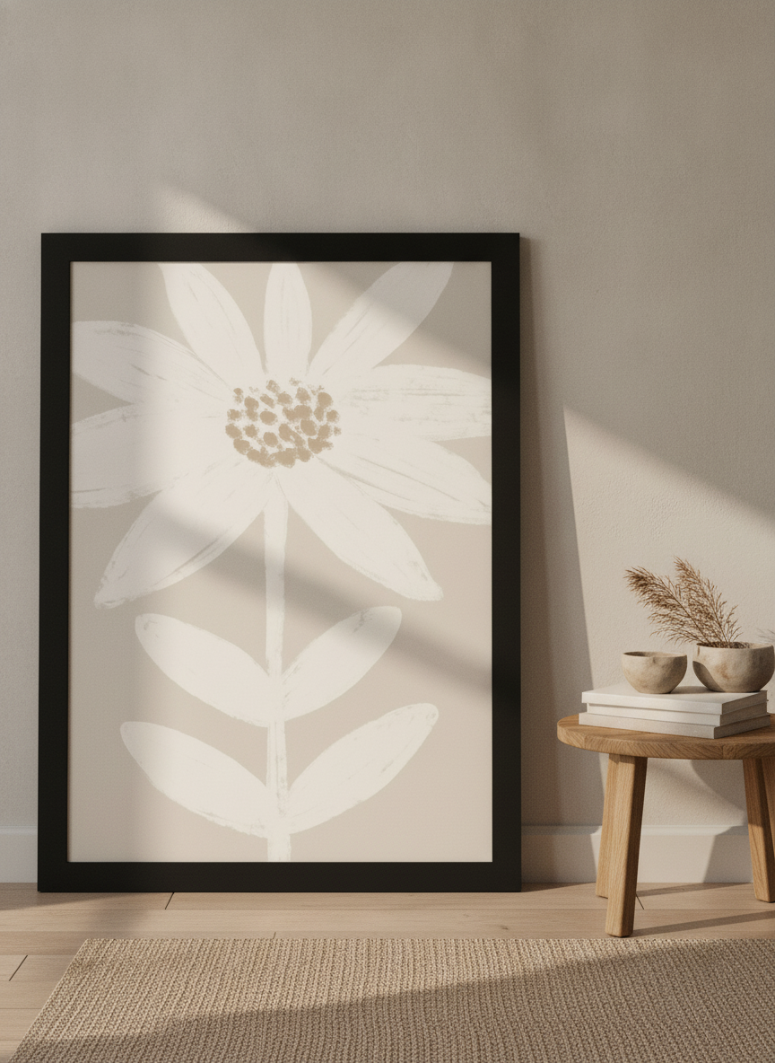 Oversized statement modern wall art print leaning against the wall in a warm Japandi living room