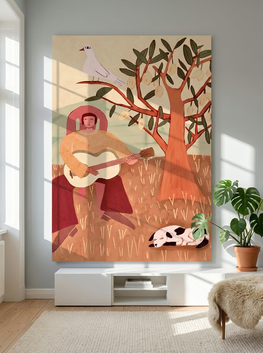 Stretched canvas wall art styled on the wall in a bright Scandinavian living room