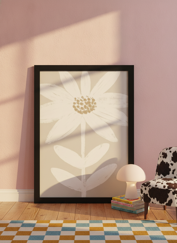 Modern wall art print leaning against the wall in a colourful eclectic nursery