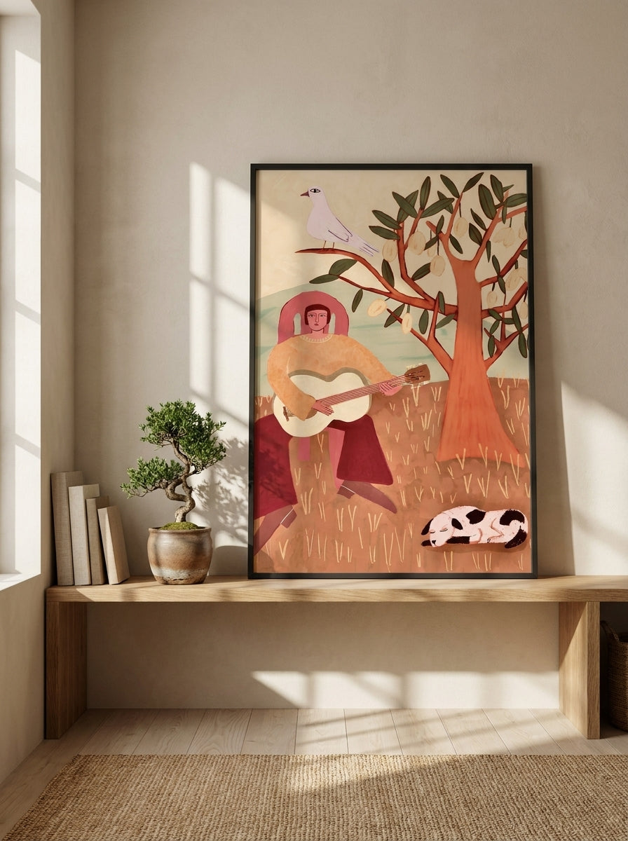 Modern wall art print standing on a shelf in a warm Japandi nursery