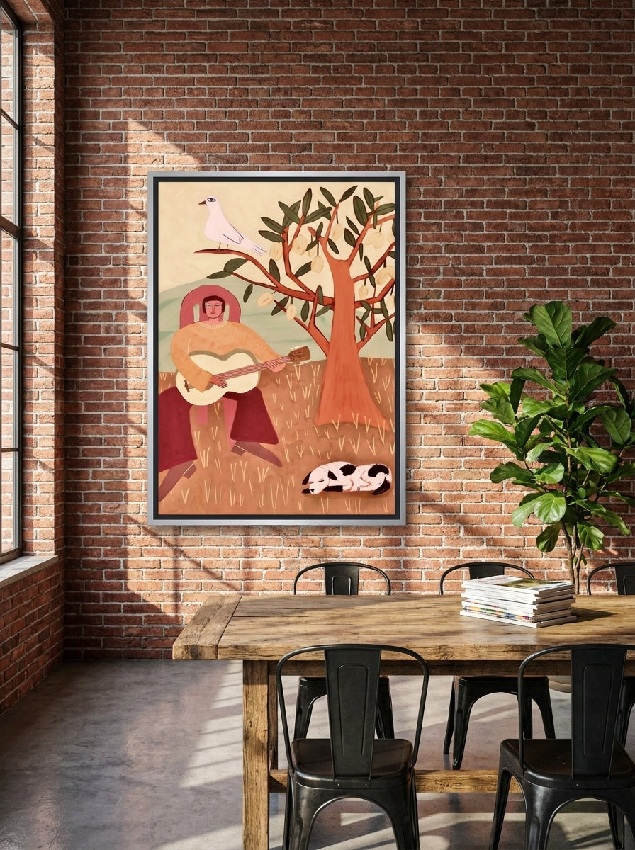 Oversized statement canvas wall art with a silver leaf surround styled on the wall in an industrial loft dining room