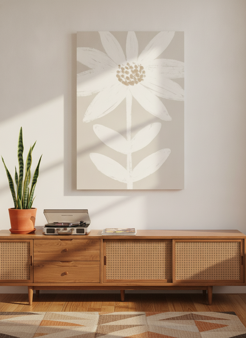 Stretched canvas wall art standing on a sideboard in a mid-century bedroom