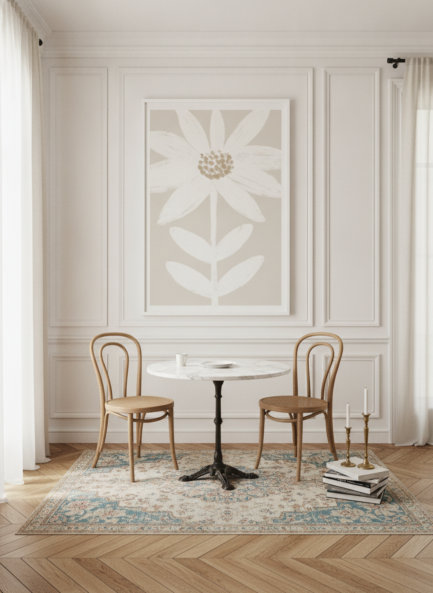 Oversized statement modern wall art print styled on the wall in a Parisian dining room