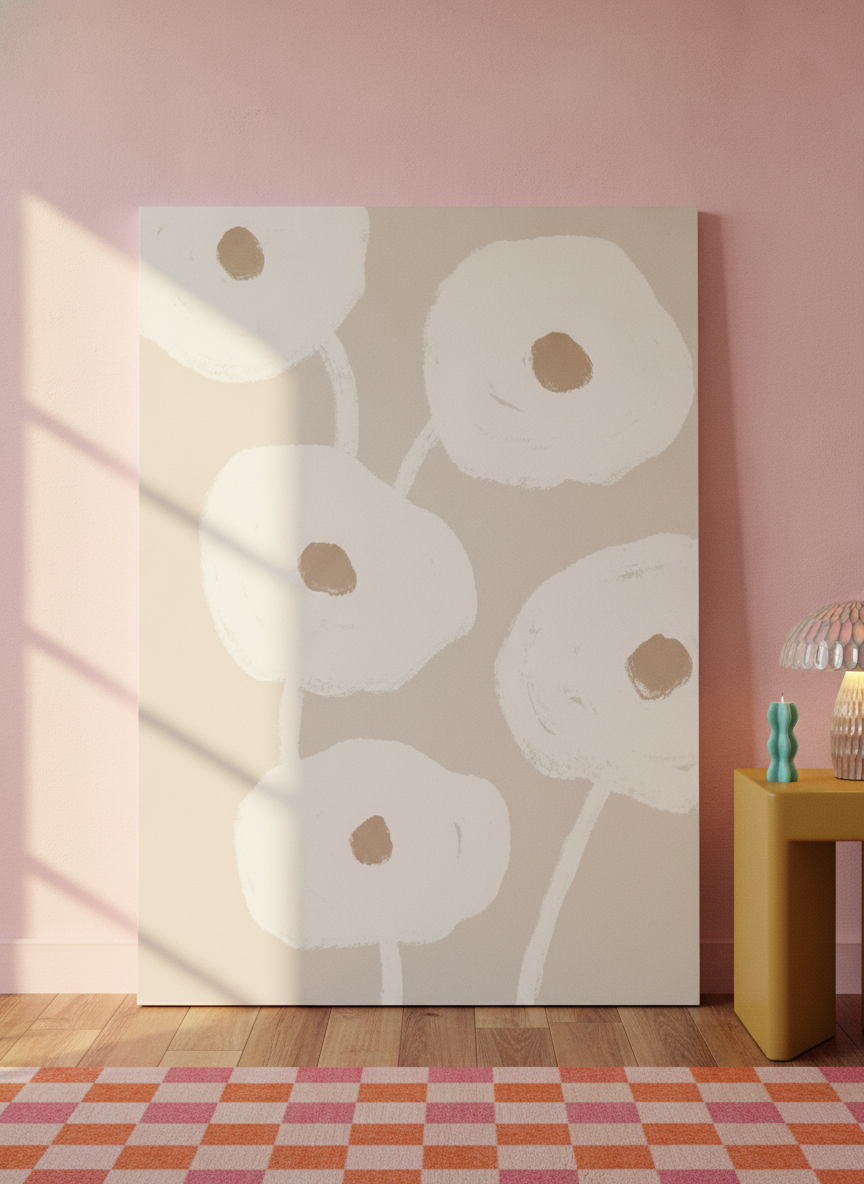 Stretched canvas wall art leaning against the wall in a colourful eclectic living room