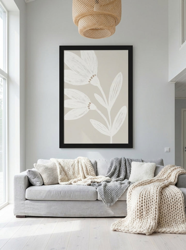 Oversized statement modern wall art print styled on the wall in a bright Scandinavian living room